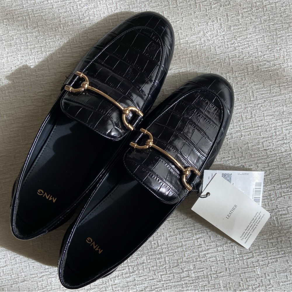 Mango Leather Croc Moccasin Loafers - Black - NWT